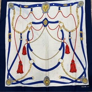 Celine Vintage Silk Scarf with Blue and Red Chain Design 33X34